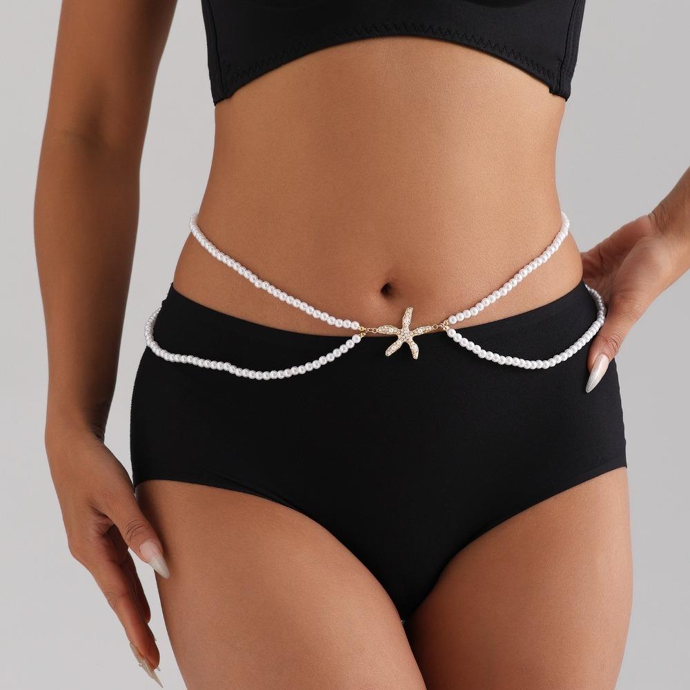 Double-layer Pearl Waist Chain Starfish Pendant Belly Chain Pearl Waistband  Dress Accessories