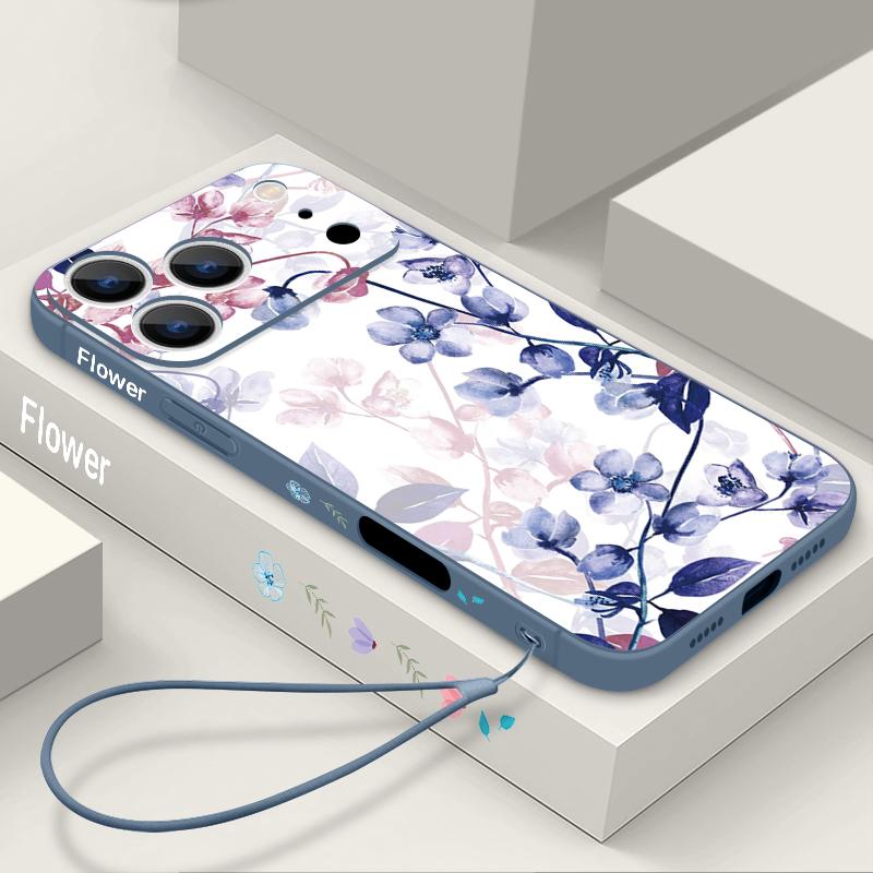 Romantic Rose Flower Pattern Lanyard Case For iPhone 17 Pro Max iPhone 16 15 14 13 Pro Max 11 16E 17E Soft Silicone Phone Back Cover