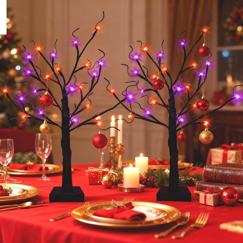 2-Pack Lighted Christmas Halloween Fall Tree Decorations Indoor, 2ft Birch Tree with LED Lights, Small Tabletop Christmas Tree with Lights, Warm