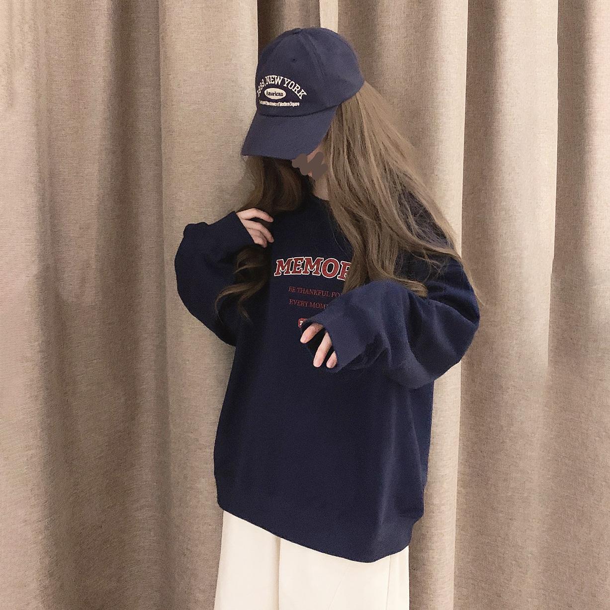 

Женские свободные свитера с длинным рукавом и круглым вырезом, женские топы, однотонные толстовки XXL темно-синий