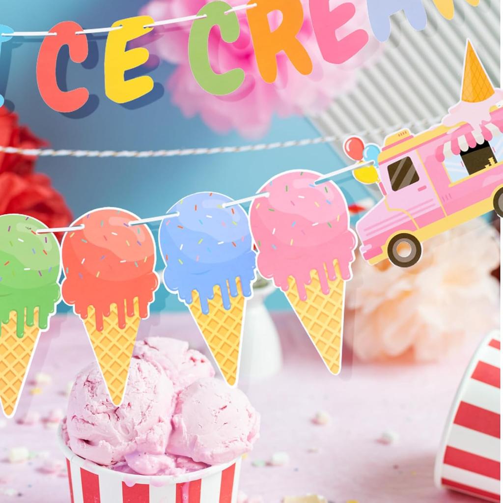 4 Pcs Ice Cream Banner Garland Ice Cream Birthday Party Decorations Supplies Icecream Bar Sign Streamer Decor for Summer Pool Beach Baby Shower