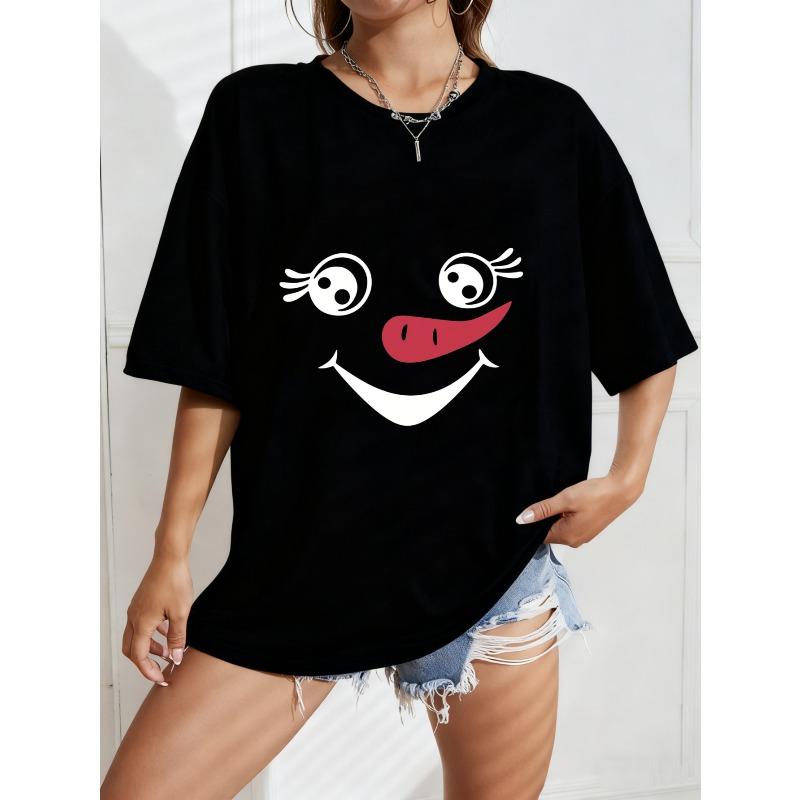 

White Oversized T-Shirt With Snowman Face Print For Casual Wear XXXXL чорний