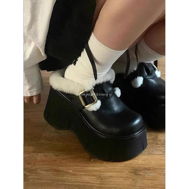 Thick-bottomed Velvet Semi-slippers, Winter Wool Mouth Belt Buckle Heightened Baotou Loose Leather Surface, Outside Wear Cake British Style Slippers 