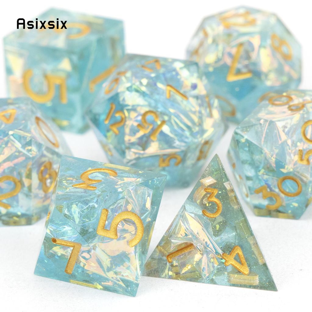 7 Pcs Green Resin Golden Number Sharp Edge Dice Polyhedral Dice Suitable for Role-Playing RPG  Board Game