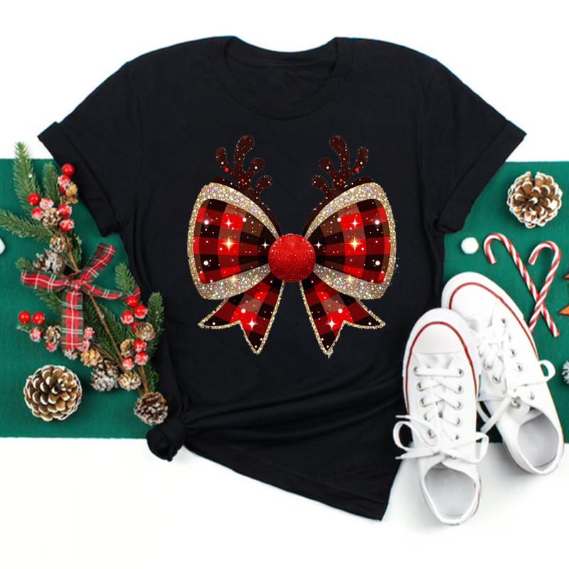 Fashion Reindeer Antlers Bow Plaid Women T Shirt Funny Graphic Christmas Party Outfit Harajuku Casual FeUnisex Clothes Tees