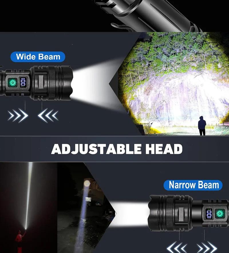 500W High Power LED Flashlight Type-C USB Rechargeable Zoom Torch Strong Light Lamp Outdoor Ultra Powerful Flash Light