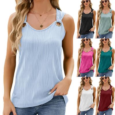Summer Solid Round Neck Sleeveless Tank Top Women Metal Ring Loose Ladies Tops
