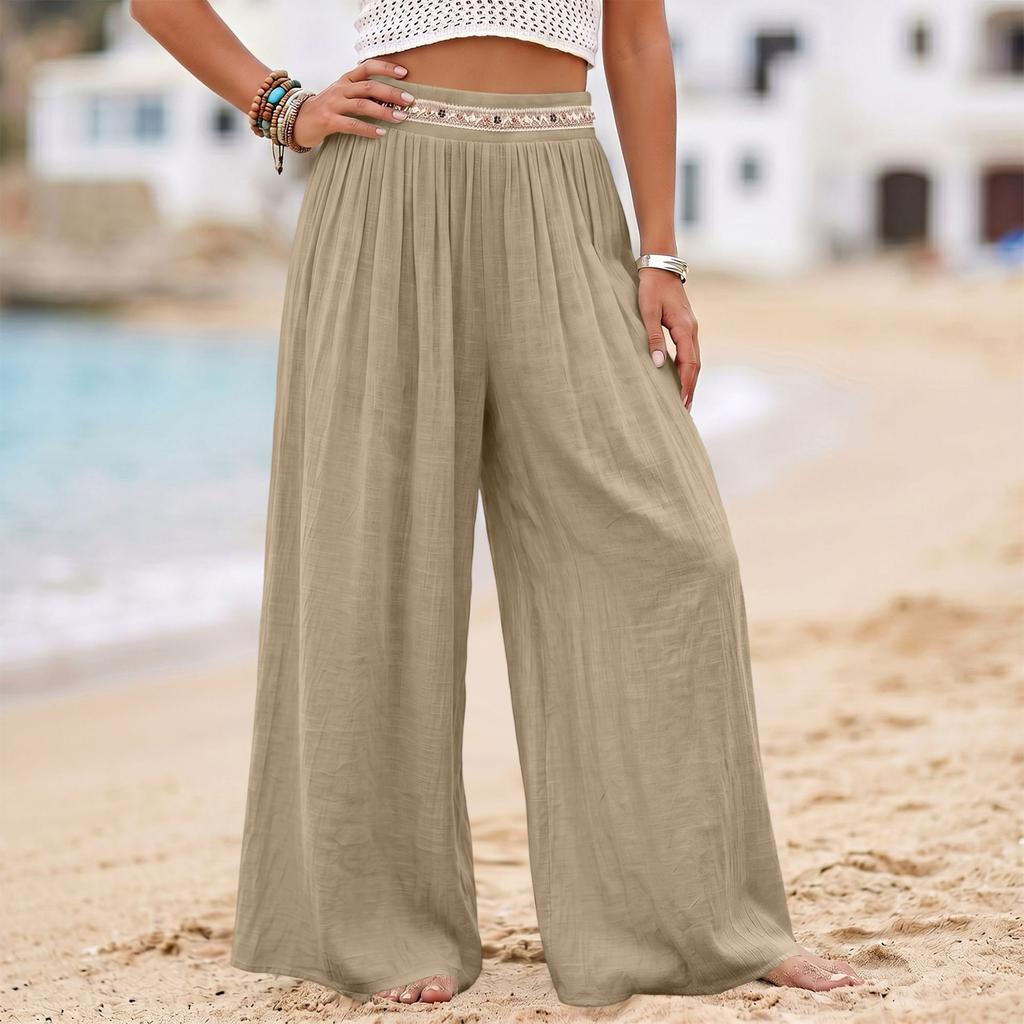 Women's High Waist Wide Leg Pants Pleated Casual Linen Trousers Loose Fit Long Pants Skirt Style Elastic Waistband