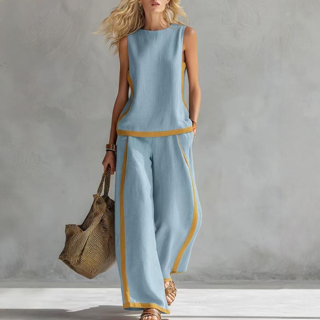 Elegantes ärmelloses Pullover- und Hosenanzug-Set mit Rundhalsausschnitt für Damen, lässig, mit Taschen, locker, 2-teilig, Mode, kontrastierende Farben, Sommer-Outfits