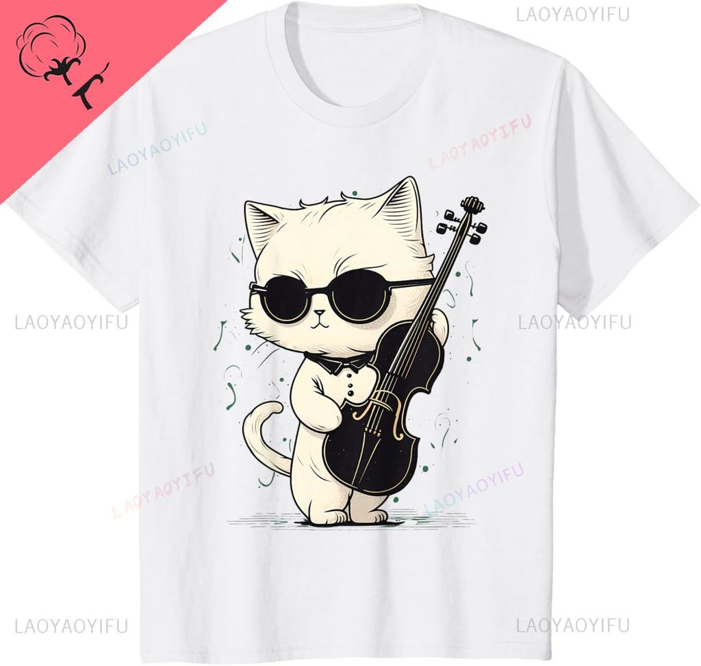 Kawaii Cat Playing Violin Wearing Sunglasses Funny TShirt Breathable and Comfortable Unisex Summer Streetwear Tops Camisas
