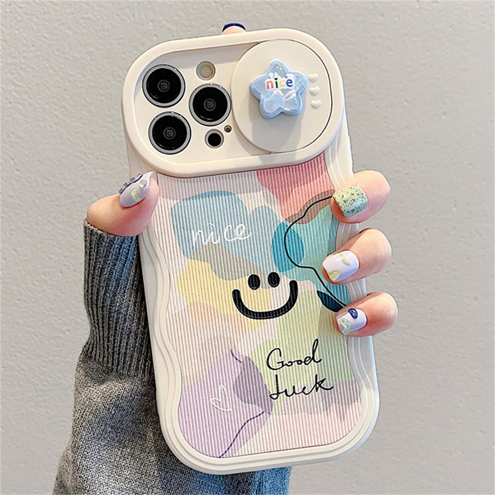 INS Cute 3D Star Rainbow Wave Edge Push Window Protective Silicone Soft Case for iphone 15 14 Pro Max 13 12 11 Shockproof Cover