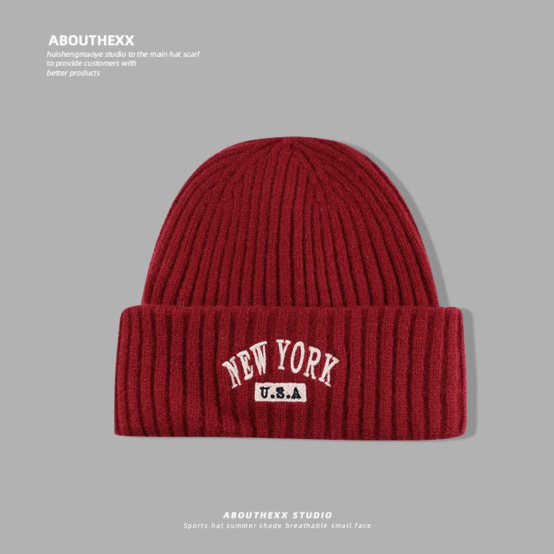 American Retro Letter Embroidery Hat for Women Autumn and Winter Warm Knitted Hat  Face Showing Small Woolen Hat  Men's Pullover Cold Hat Trendy