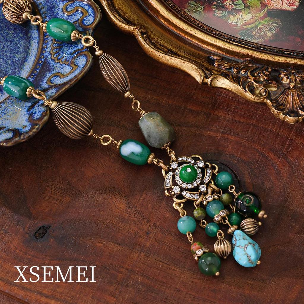 Retro Filigree Agate Glass Tassel Necklace & Pearl Rhinestone Earrings Set