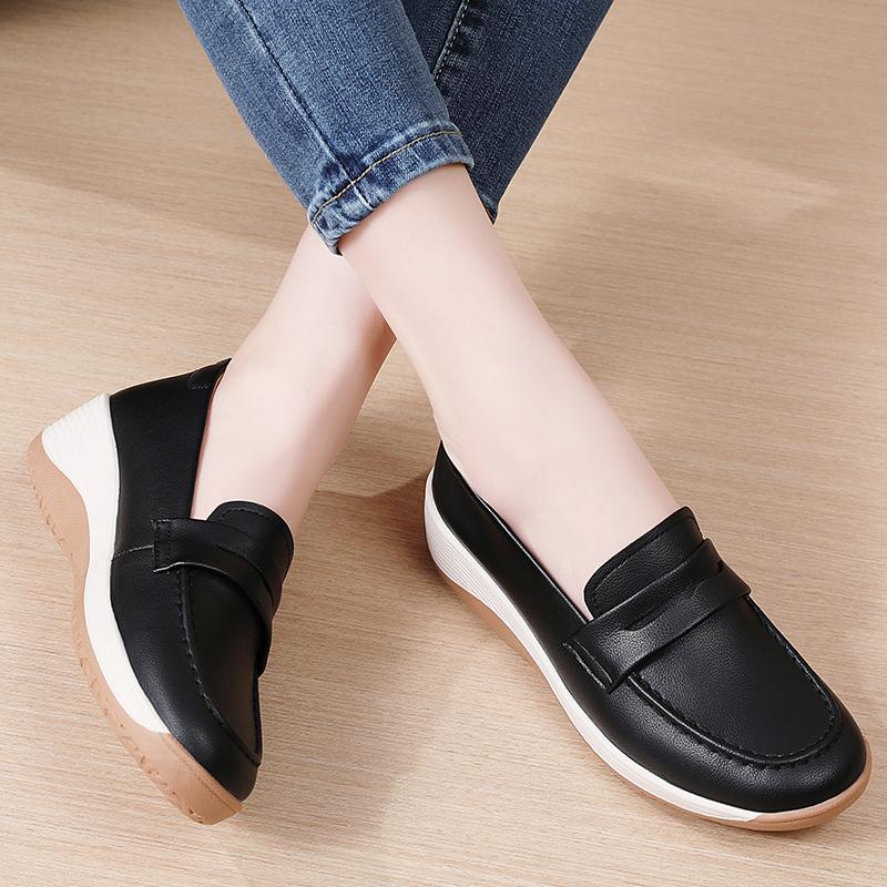 Mocasini cu platformă pentru femei, casual, eleganți, din piele neagră, pantofi de birou pentru femei, cu talpă groasă, pantofi cu vibrații, mărimi mari