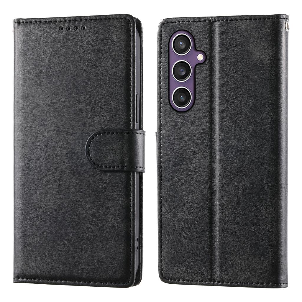 For Samsung Galaxy S25/S24 Case Stand Wallet Calf Texture PU Leather Flip Phone Cover with Wrist Strap