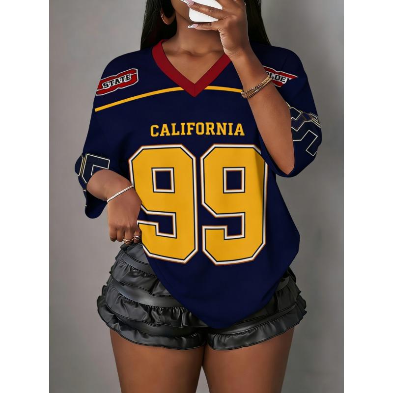 Damen California NO.99 Print V-Ausschnitt Kurzarm T-Shirt Sommer Grafik T-Shirt Sporttrikots Übergröße Sport T-Shirt