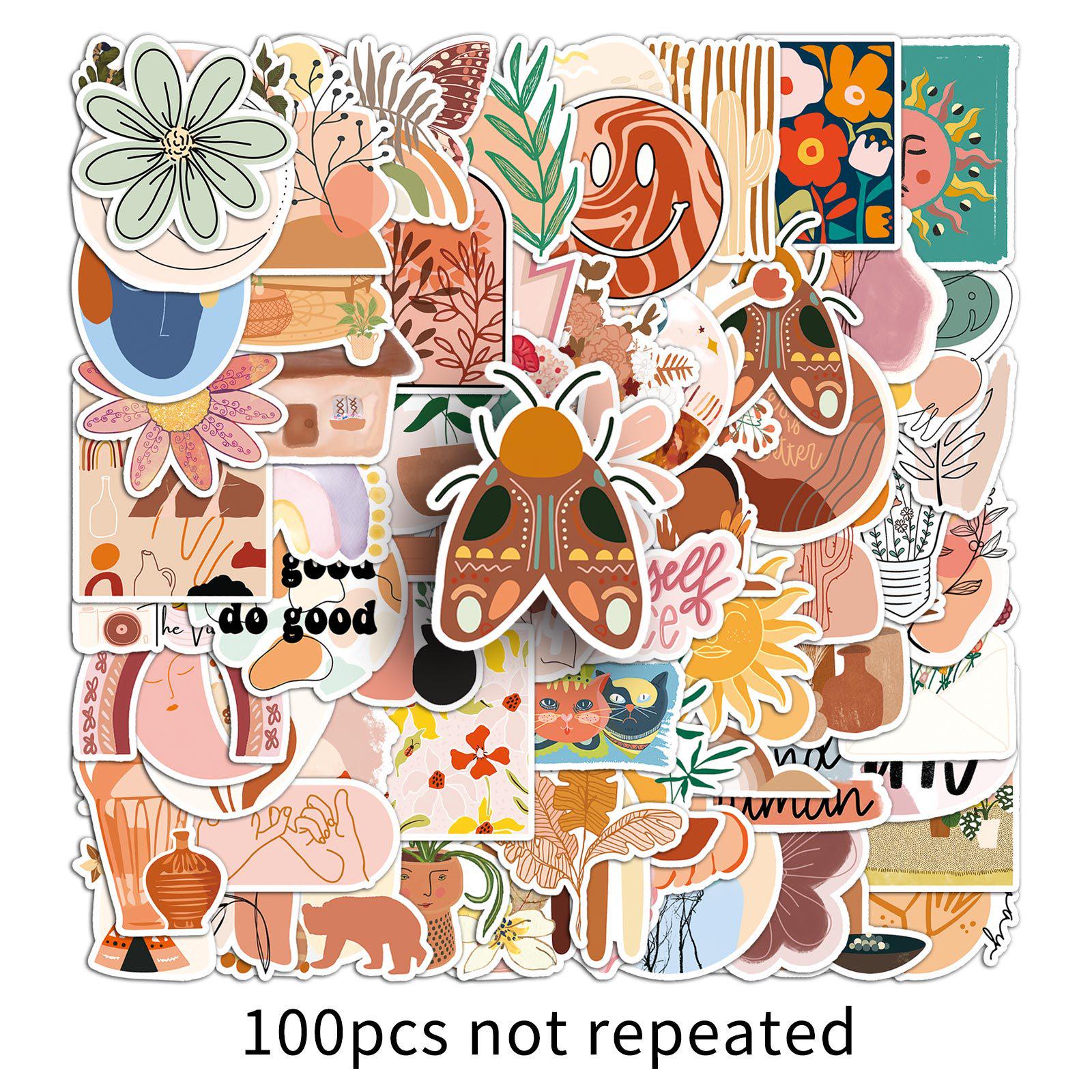 100 Bohemian Cartoon Stickers - Waterproof, Fresh Style for Journals and Resin Art.