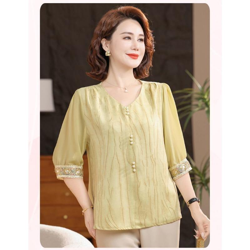 Women's V-Neck Half Sleeve Pearl Button Embroidered Cuff Loose Blouse Light Yellow Casual Top