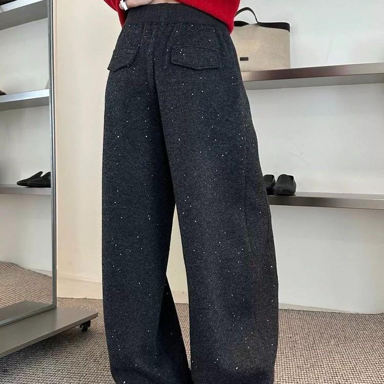 Fashionable Silver High-Waisted Wide-Leg Drawstring Pants – Women's Winter Casual Straight-Leg