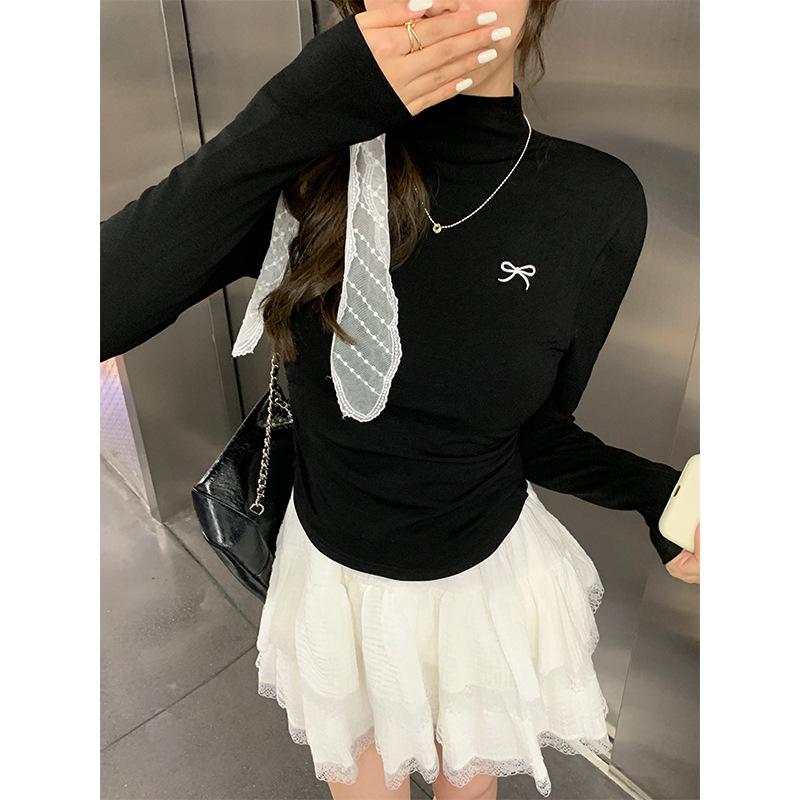 

Горячая девушка полувысокий воротник бант вышитая с длинным рукавом базовая рубашка для женщин на осень и зиму начес утолщенная плиссированная приталенная внутренняя майка XL