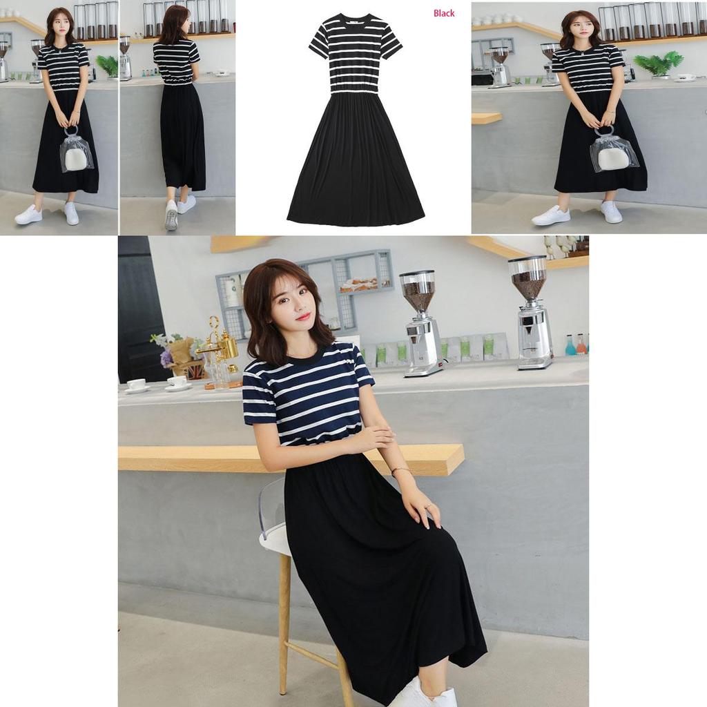 Premium Quality Women Summer Dress Casual Stripe Tank Short Sleeve Long Dress For Versatile Summer Style