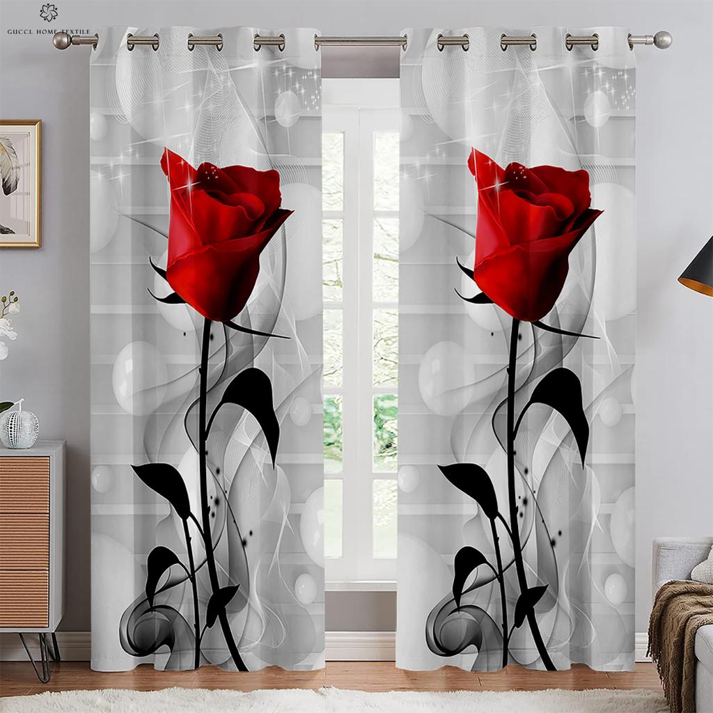 Red Rose Flower Curtains, Window Decoration, Retro Floral, 3D Printing, Custom, Bedroom, Living Room, Kitchen 2PCS
