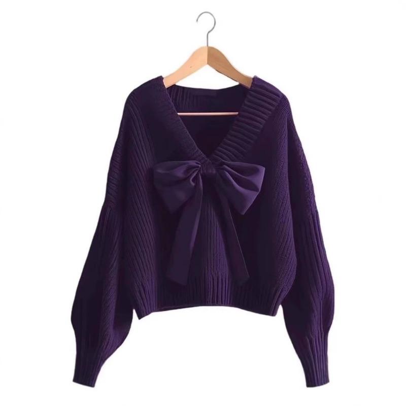 New bow purple knitted sweater lazy style fashion women's autumn new unique good-looking top