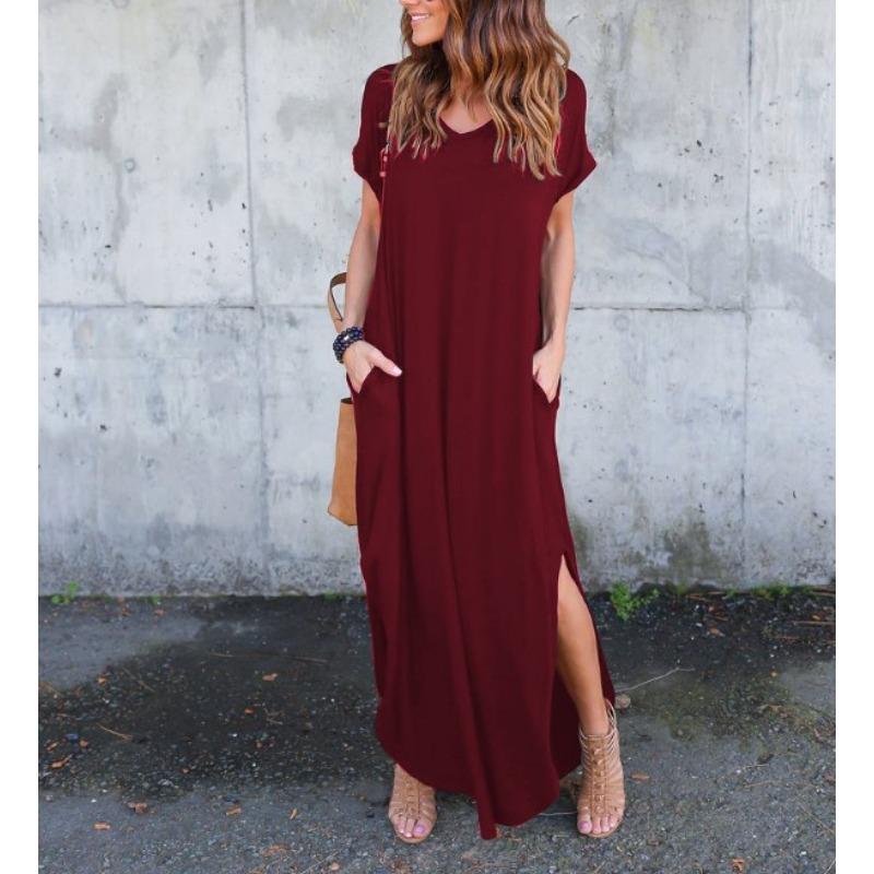 JPNTKY Fashion Summer Spring Solid Color Print Short Sleeve V-Neck Casual Dresses