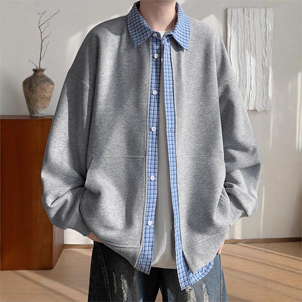 Fake Two-piece Plaid Sweater Mens Design Leisure Coat College Style Lapel Cardigan