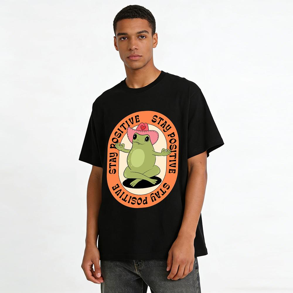 Women Men Fun Meditating Frog Print T-shirt Vintage Motivational Slogan Casual Crewneck Top Pure cotton T-shirt