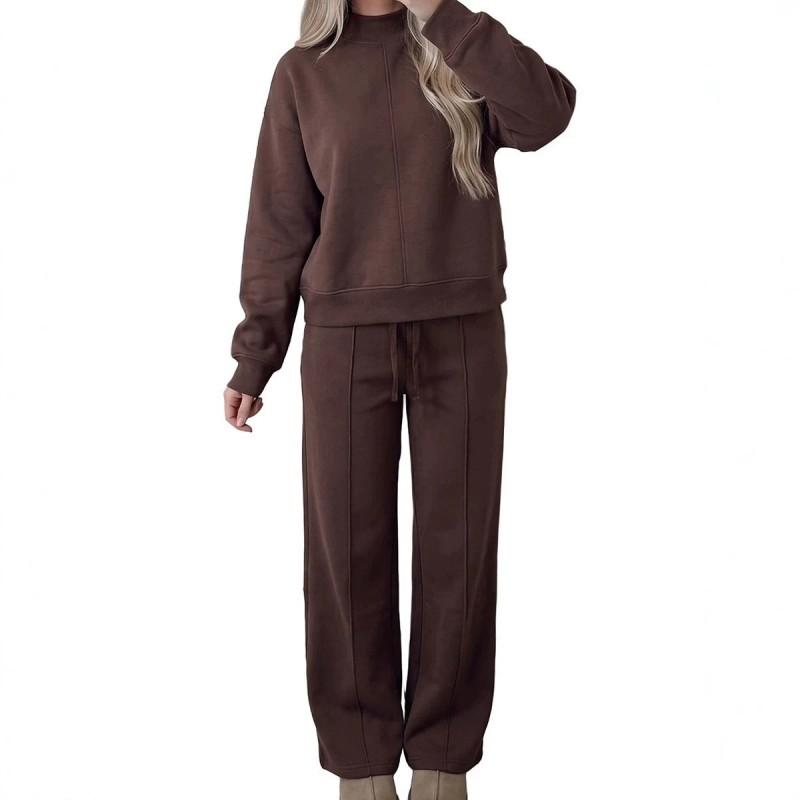 2026 Womens Solid Color Drawstring Casual 2-Piece Set Loose Long Sleeve Hoodie Straight Leg Pants
