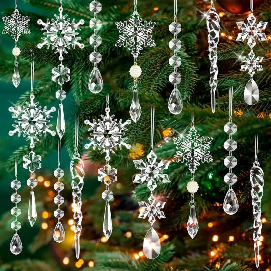 18 Pcs Crystal Christmas Ornaments for Tree Clear Acrylic Snowflake Icicle Hanging Ornaments with Drop Pendants for Wonderland Chandelier Decoration