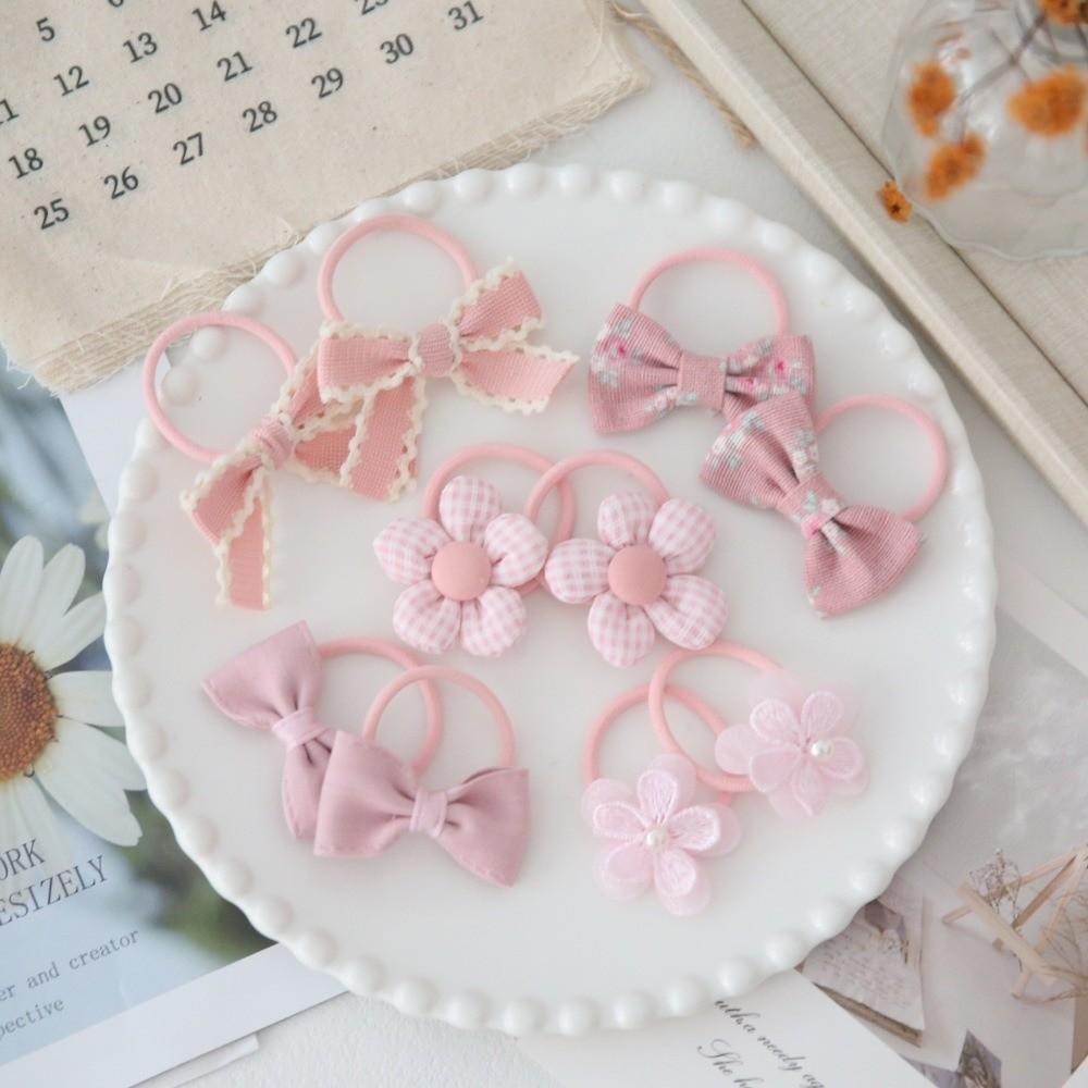 10pcs Handmade Flower Bows Hair Ropes Elastic Harpin Girls Hair Bows Set No Harm Hair Accessories Bowknot Hair Ties