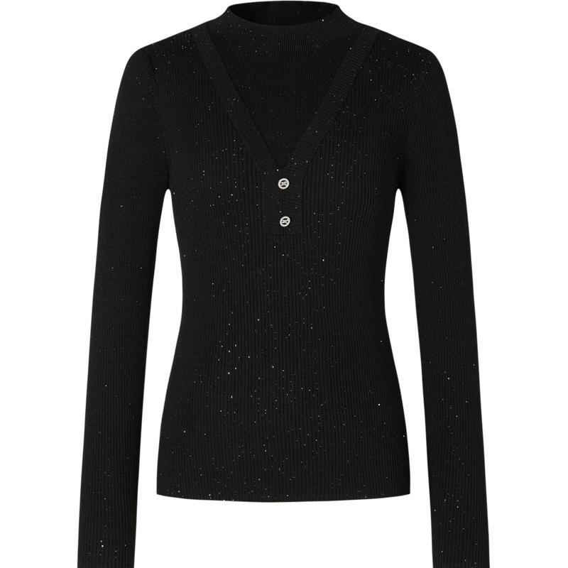 JUZUI Women's Faux Two-Piece Wool Sequin Knitted Sweater JWDD31036
