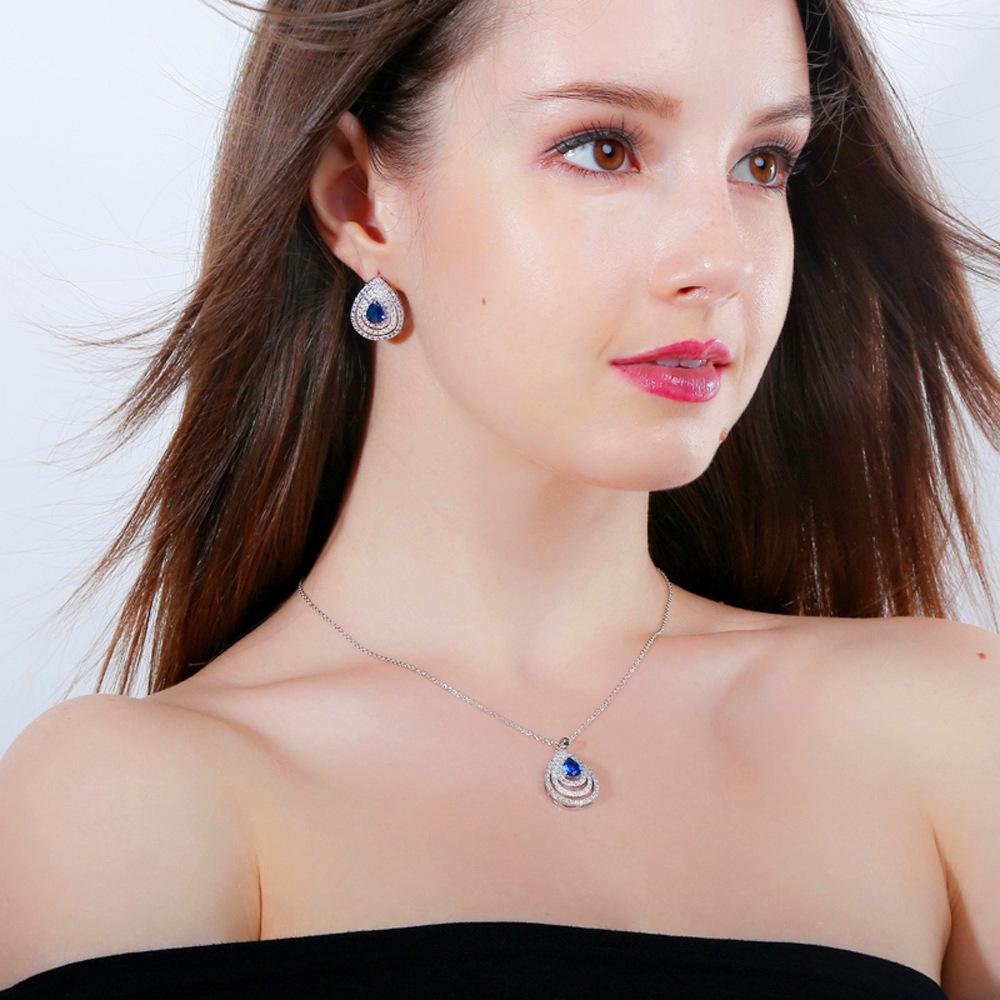 Sapphire Drop Stud Earrings Necklace Set, Slightly Inlaid Zircon Hollow Pear-Shaped Chain Set.