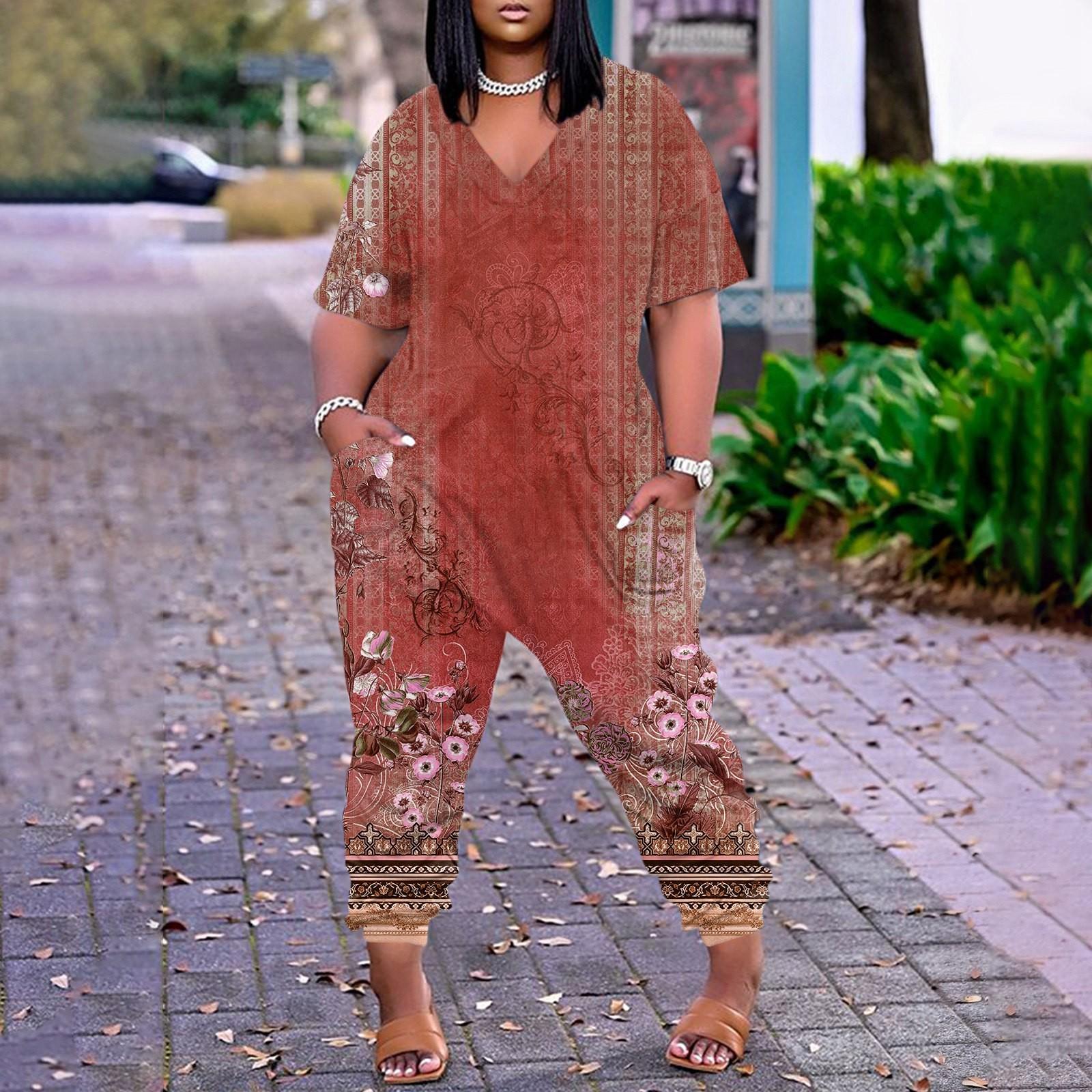 

МОДА Плюс Размер Женские Повседневные Комбинезоны с V-образным вырезом Короткие рукава Молния С Карманами Широкие Длинные Комбинезоны S винный