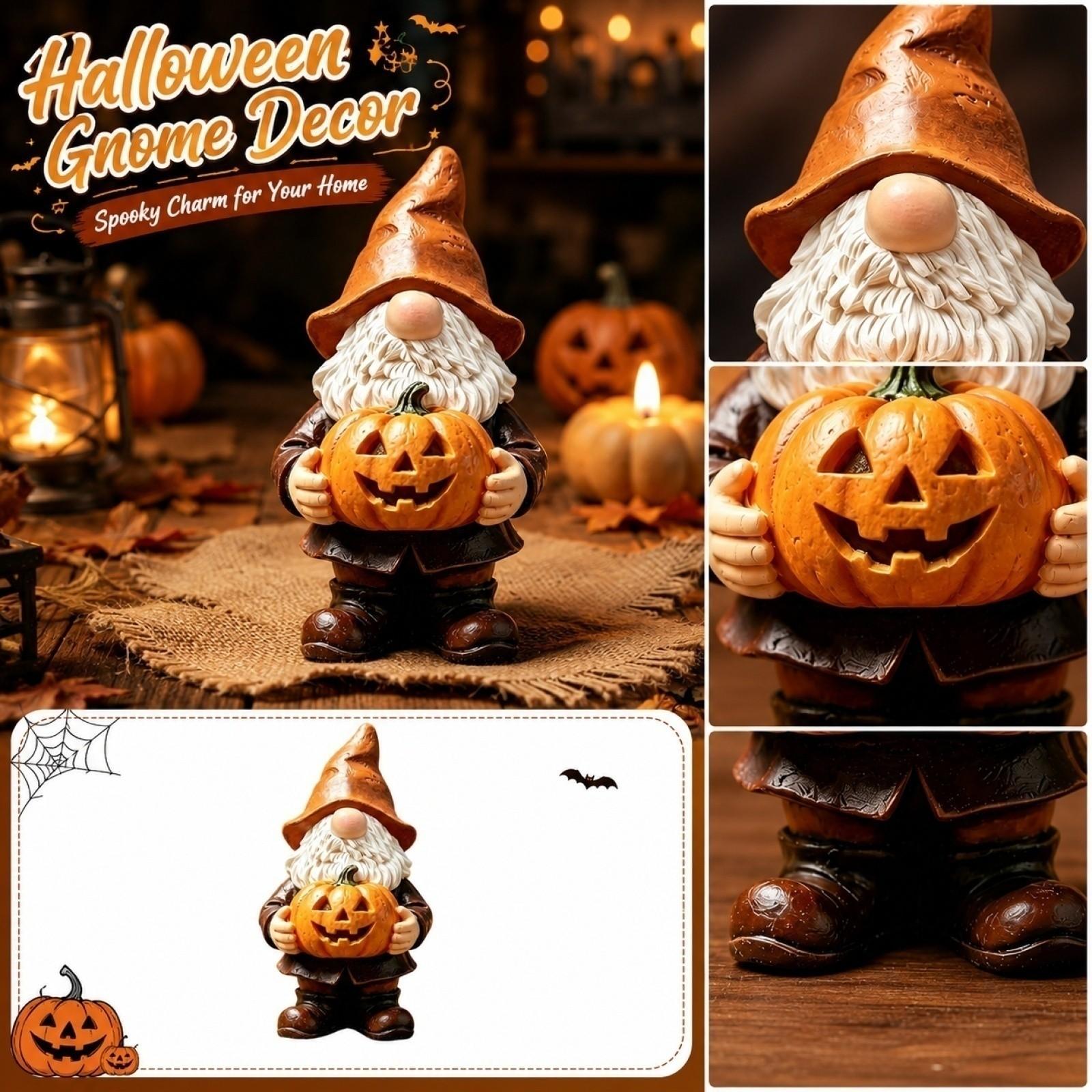 Halloween Gnome Holding Pumpkin Resin Figurine Decorative Garden Statue Seasonal Indoor Outdoor Ornament for Autumn Display One Size