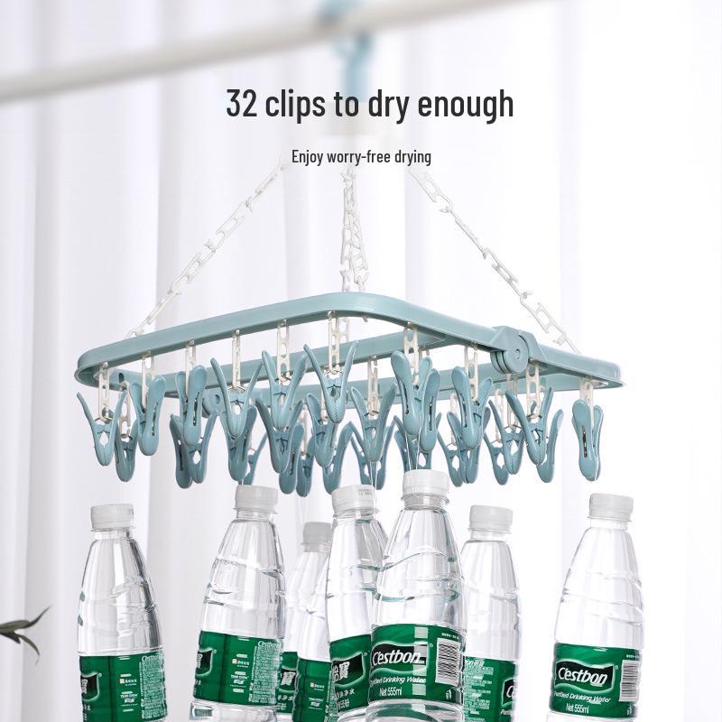 Windproof 32-Clip Plastic Hanger: Multifunctional Clothes & Socks Drying Rack for Adults & Children, Portable and Durable.
