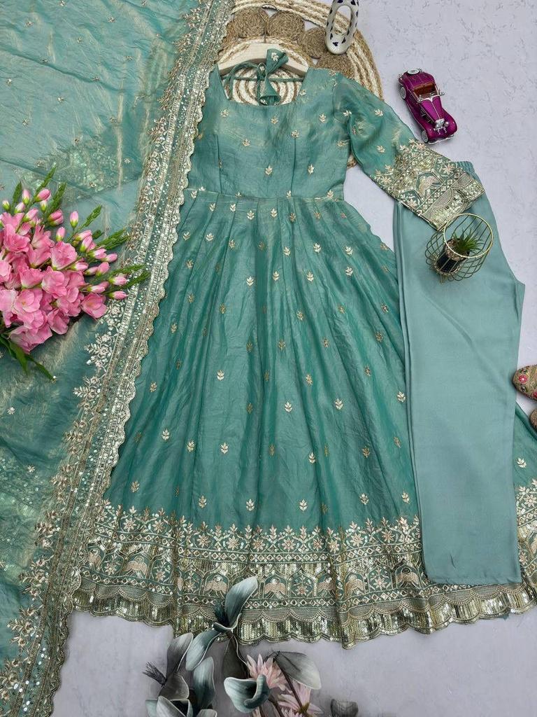 Damen Bollywood Partykleidung Fandy Seidenkleid Hose Dupatta Set Indisches Designer Anarkali Salwar Anzug