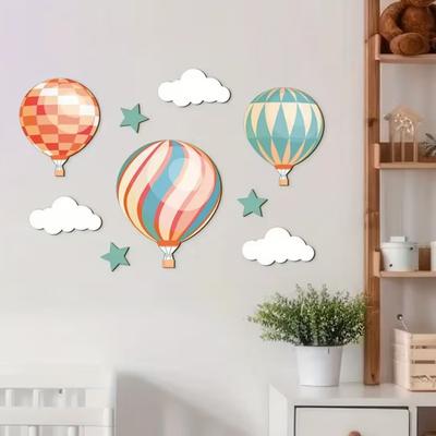 9 Stück Heißluftballon Wanddeko mit Wolken Sternen Boho Holz Kinderzimmer Wandkunst Schild für Wohnzimmer Kinderzimmer Flur Spielzimmer Klassenzimmer