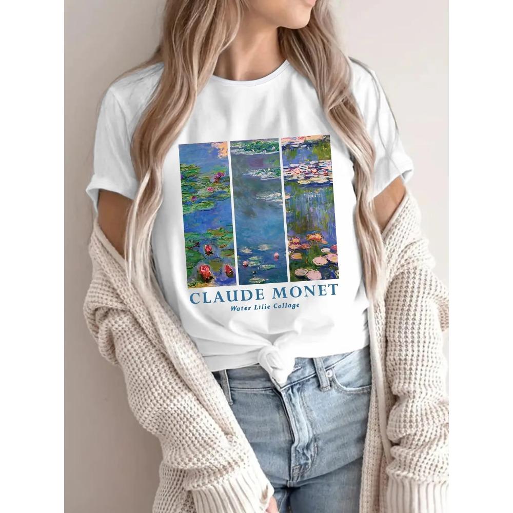 Vintage French Impressionism Art T-Shirt Claude Monet Water Lilies Print Harajuku Aesthetic Loose Top Casual Fashion Clothes M