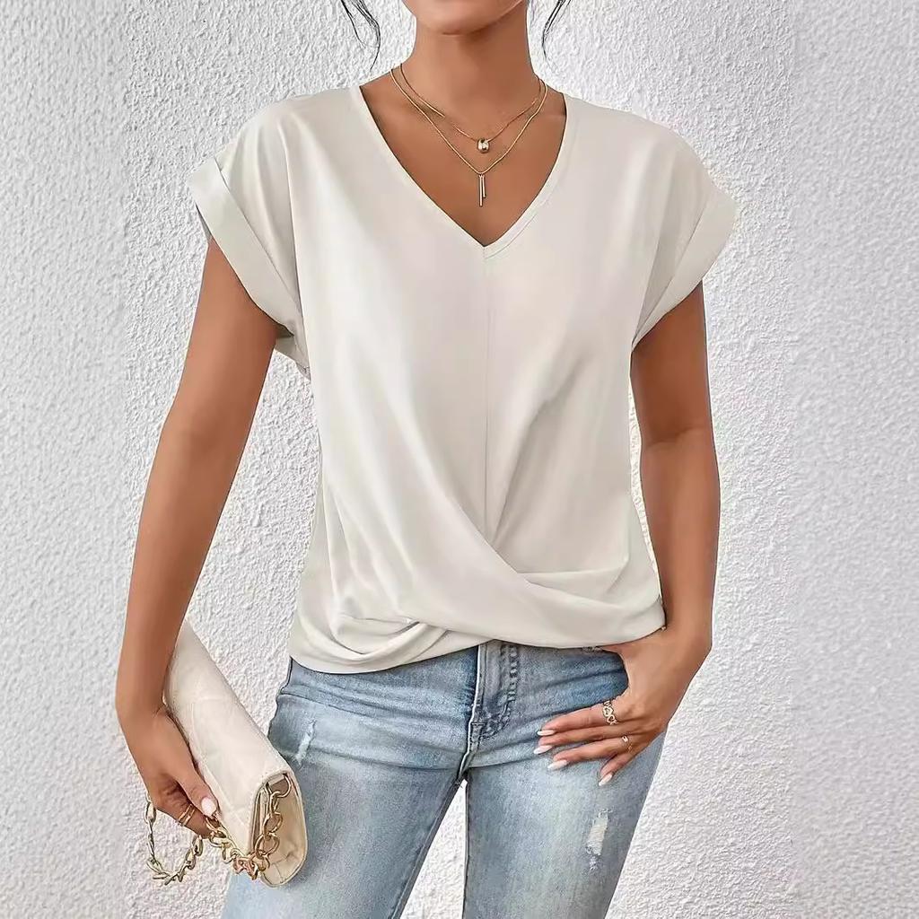 Elegant Short Sleeved Top for Spring and Summer Solid Color V-neck Women's T-shirts