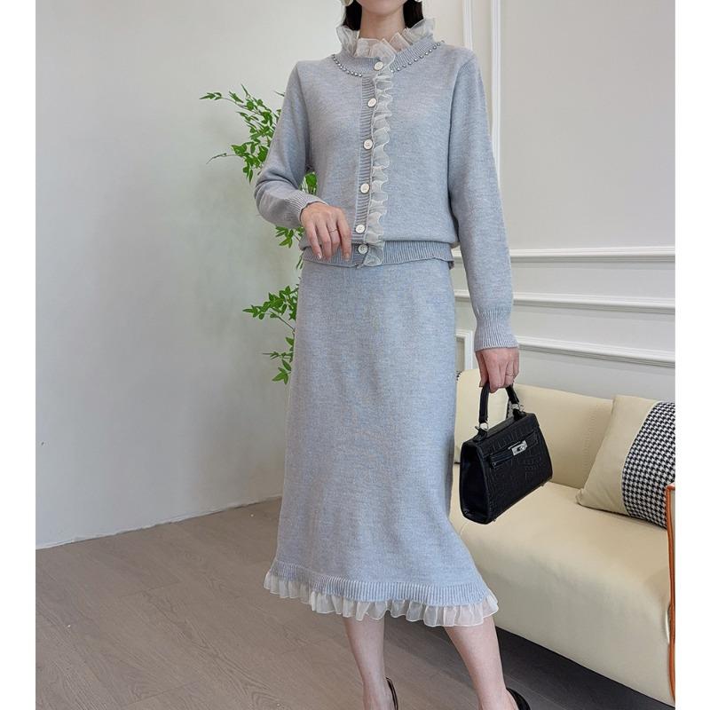 Celebrity sweater two-piece set autumn and winter fashion lace skirt + knitted cardigan set