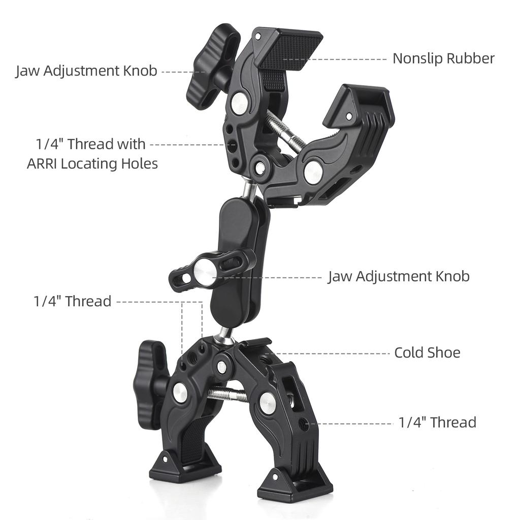 Super Clamp Mount Double Camera Clamp with Dual   Head Cold Shoes 1Celsius4 Inch Locating Holes Action Camera Mount