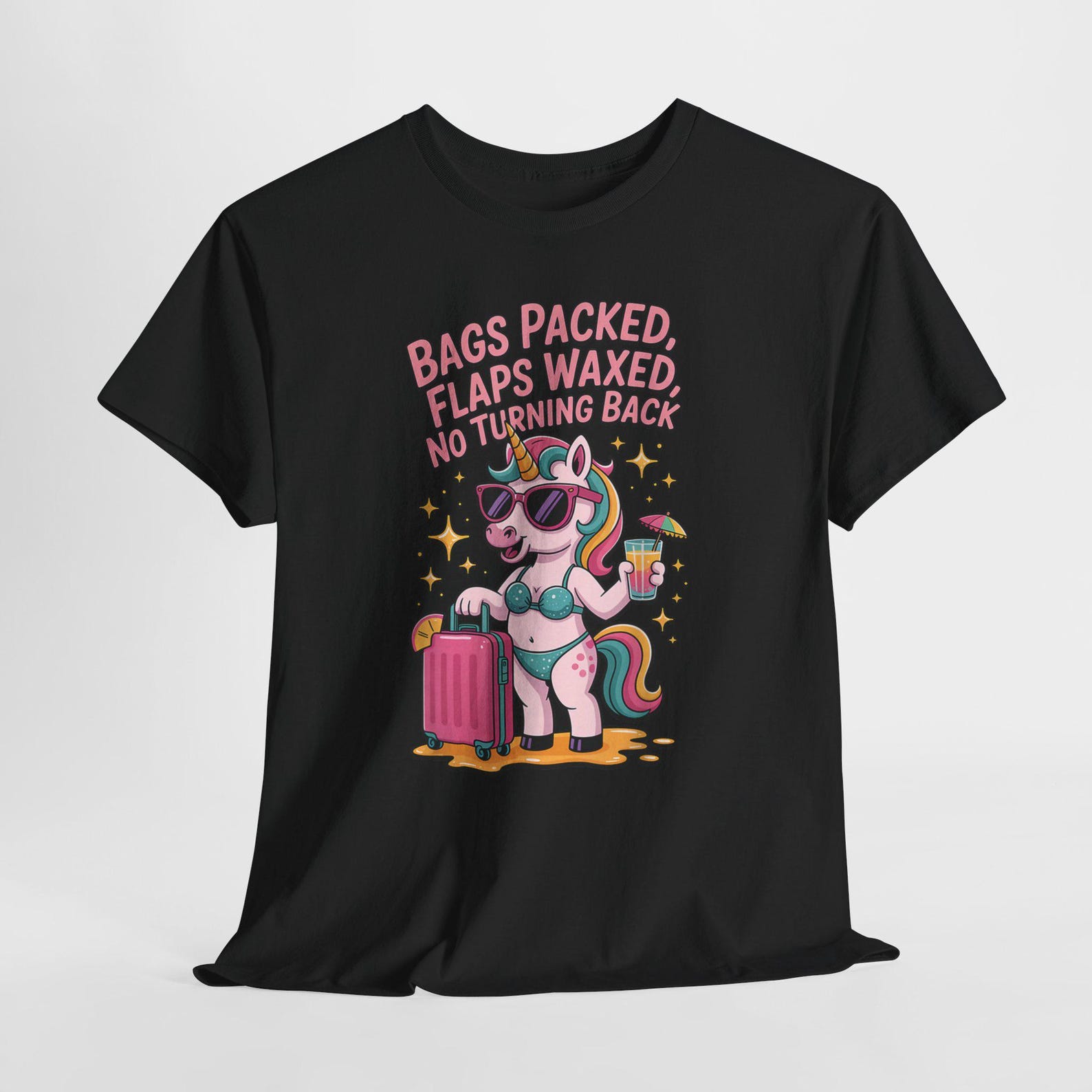 Bags Packed Flaps Waxed No Turning Back Shirt, Funny Bachelorette Unicorn Vacation Beach Party Tee, Girls Trip Humor Graphic T Shirt S