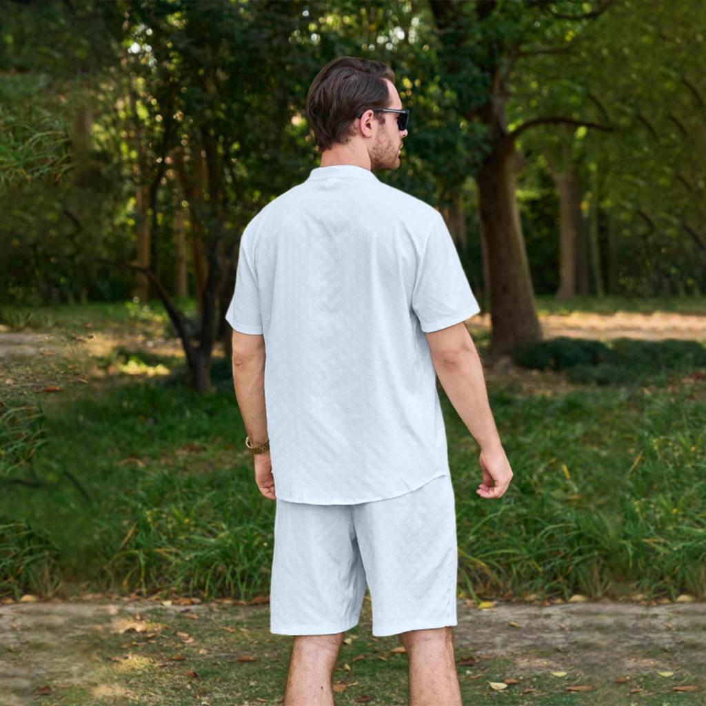 Stand-up Collar Button Short-sleeved T-shirt, Shirt And Shorts Set