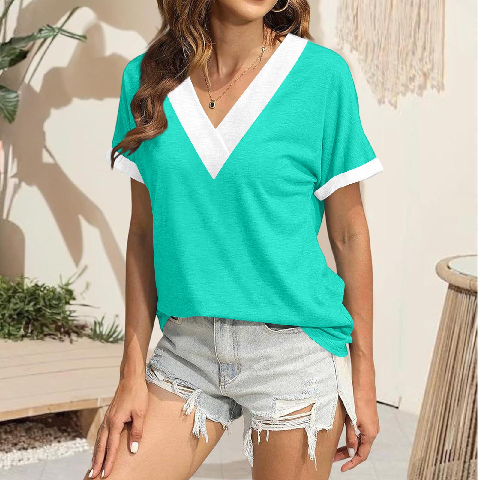 

Women s Casual Loose V-neck Short-sleeved Shirt Short-sleeved Top XXL циан