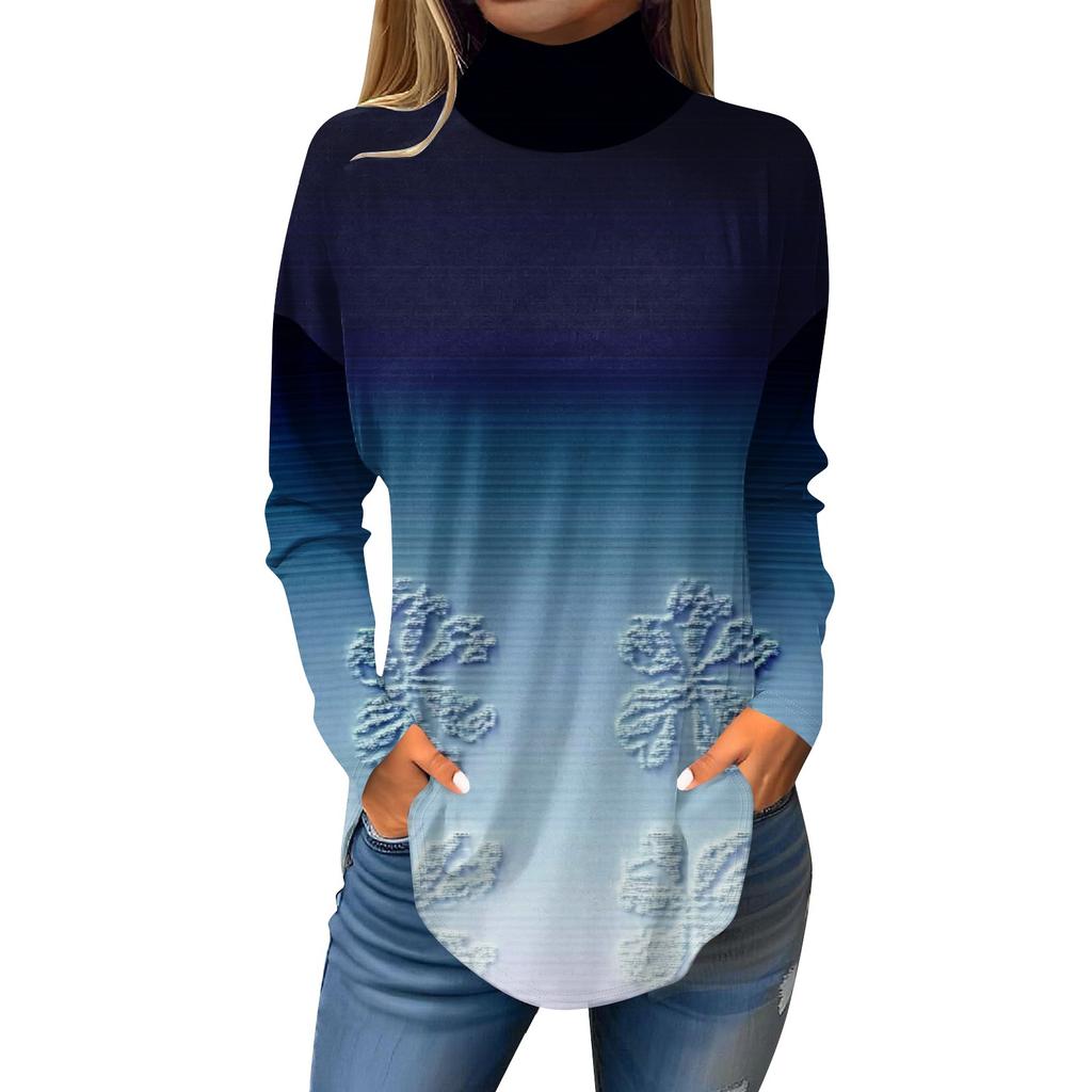 Tee Shirts For Women Fall Casual Long Sleeve Shirts Sweatshirt Vintage Printed High Neck Top Pullover