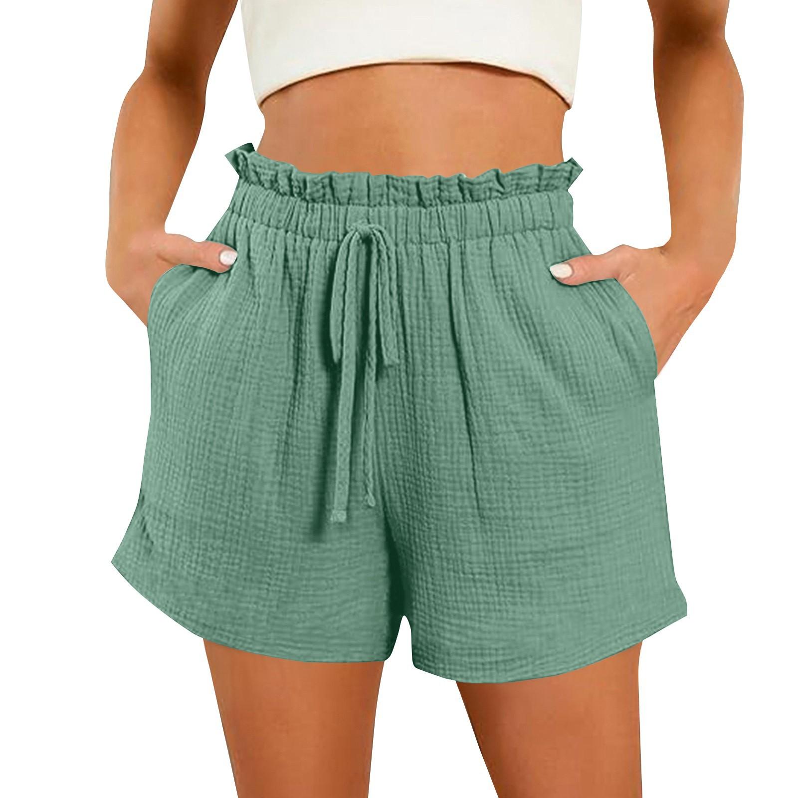 

Cotton Shorts For Woman Summer Casual High Waist Ruffle Elastic Drawstring Waisted Short With 2 Pockets Cute Comfy Outfits M зелений