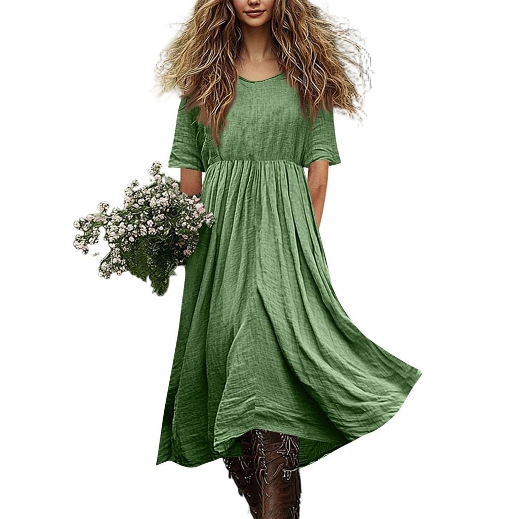 Women's Fashionable Cotton And Linen -color Round-neck Half-sleeve Casual Loose Long Dress